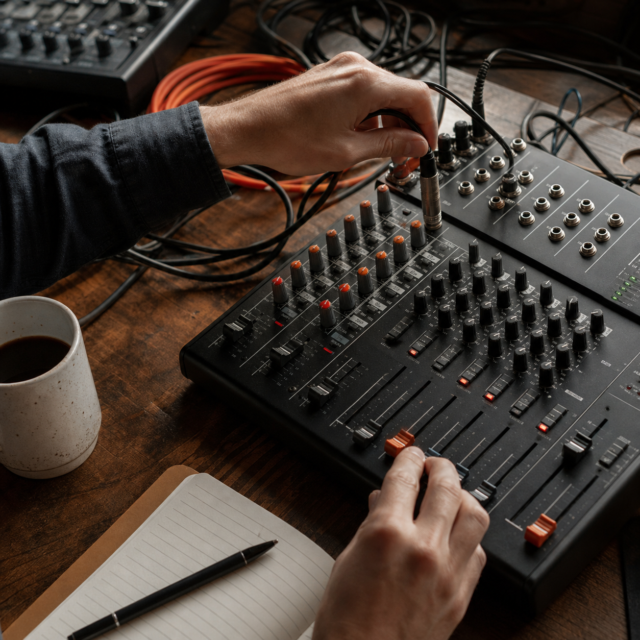 Hands working with an audio mixer