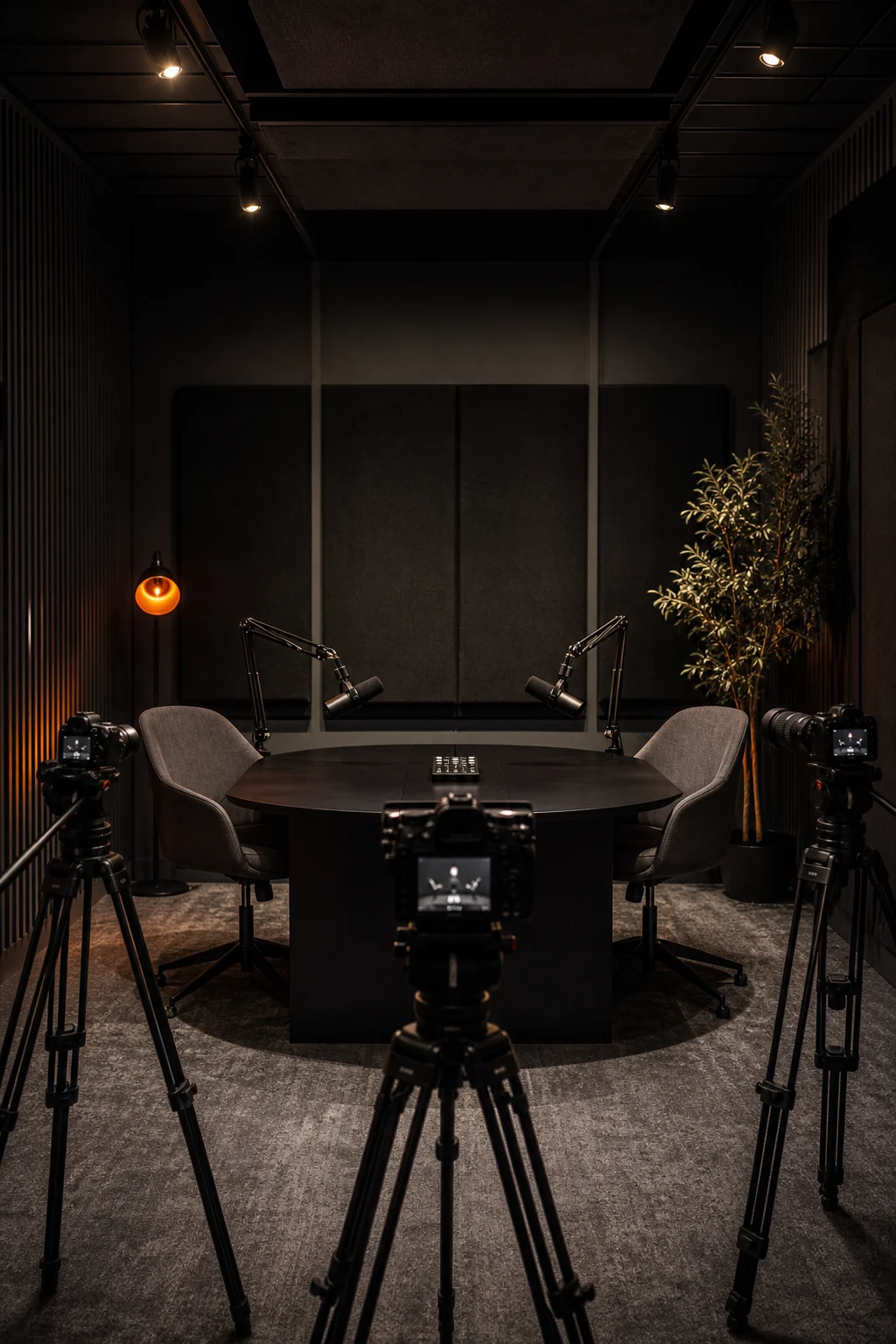 Podcast studio with cameras and microphones